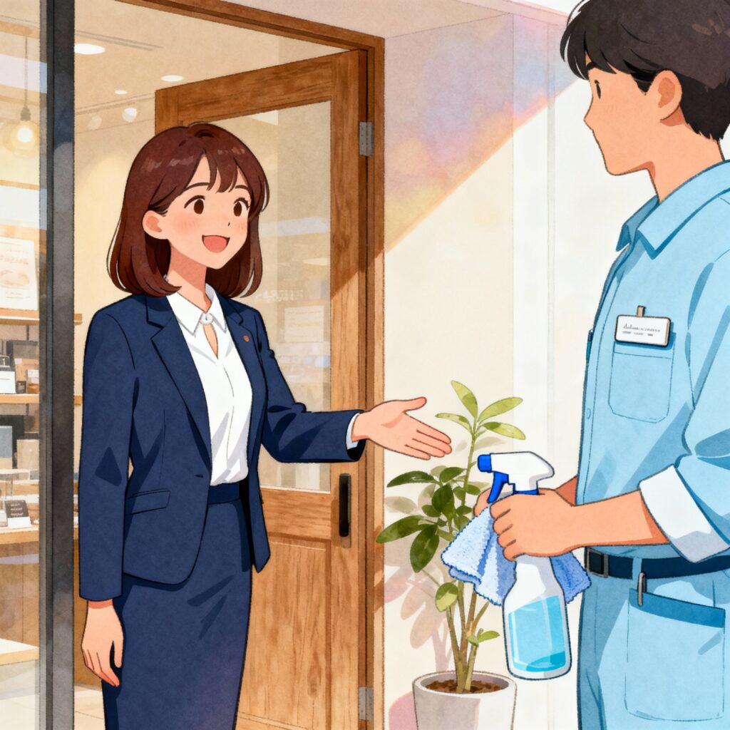 business-woman-greeting-cleaning-worker-illustration